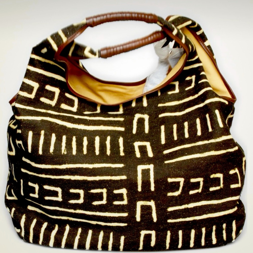 Ralph Lauren Black and Cream Printed Canvas Hobo Bag